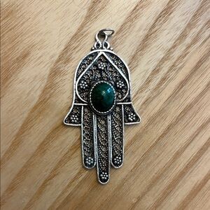 Silver and Green Hamsa Pendant